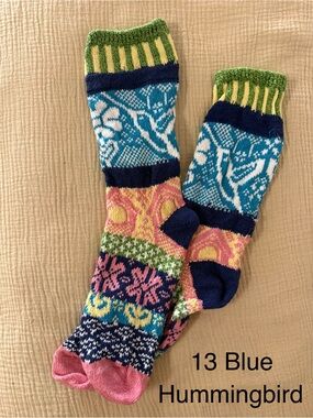 Solmate Socks Blue Hummingbird Patterned Crew Socks with Pink and Green Accents